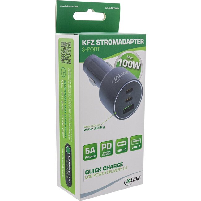 InLine USB autolader | 2x USB-C PD + 1x USB-A QC | 100W