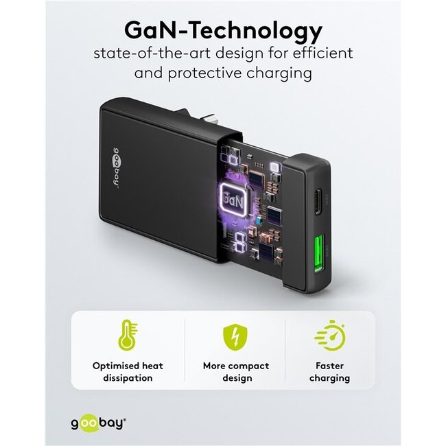 Goobay flat USB lader | USB-C PD + USB-A QC | GaN | 45W | zwart