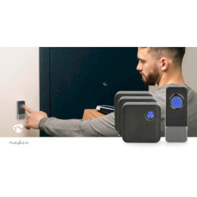 Draadloze Deurbelset | Netvoeding | 100 - 240 V AC 50/60 Hz | 1x 23A 12V | Volume: 110 dB | Signaalbereik: 150 m | IP55 | Instelbaar volume | 58 Melodieën | 3 Ontvangers | Zwart