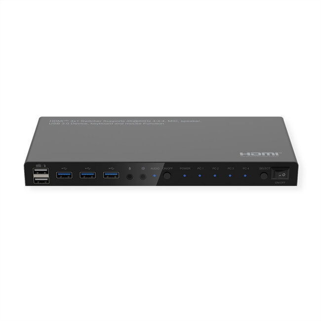 ROLINE KVM-switch, HDMI 4K, USB, 1 gebruiker - 4 pc's, met 3-poorts USB-hub