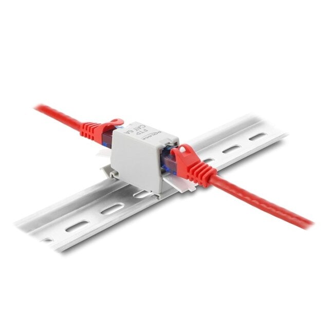 Delock RJ45 Coupler Cat.6A jack to jack with dust protection cap for DIN rail mounting, shielded grey / white