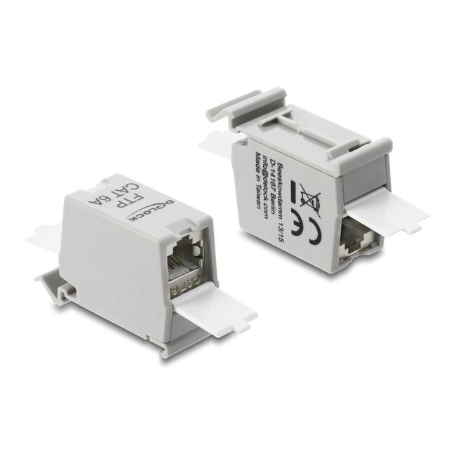 Delock RJ45 Coupler Cat.6A jack to jack with dust protection cap for DIN rail mounting, shielded grey / white