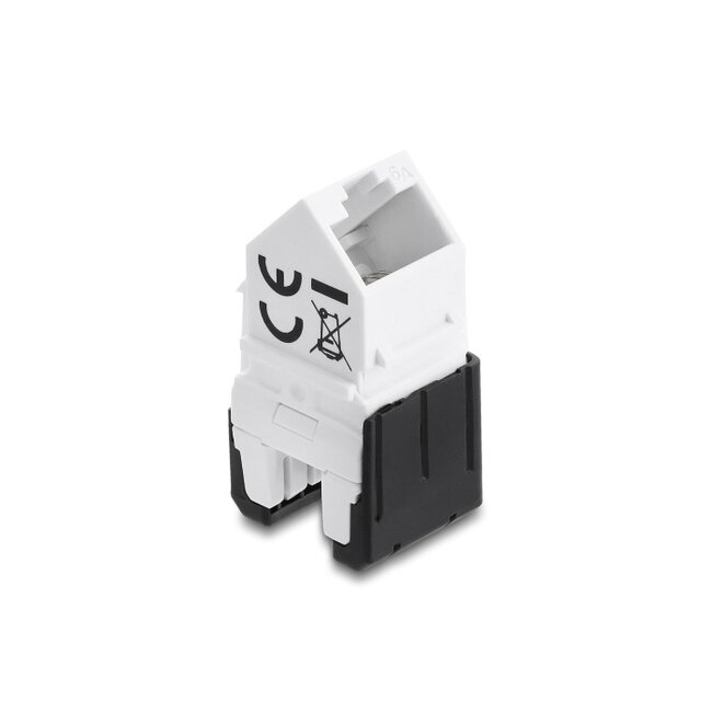 Delock Keystone Module RJ45 jack to LSA Cat.6A 45° angled connector, unshielded, 180° cable routing tool-free black / white