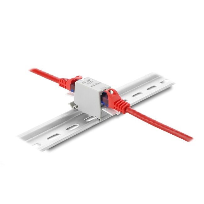 Delock RJ45 Coupler Cat.6A jack to jack with dust protection cap for DIN rail mounting, unshielded grey / white