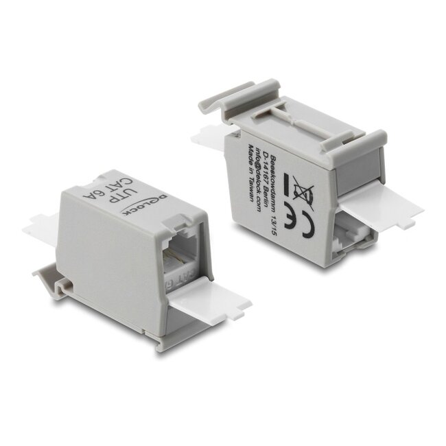 Delock RJ45 Coupler Cat.6A jack to jack with dust protection cap for DIN rail mounting, unshielded grey / white