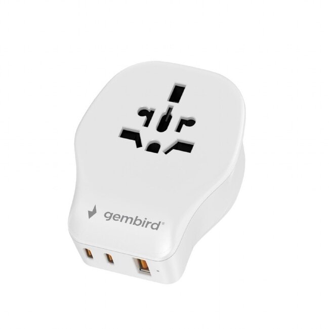 Gembird reisadapter set met USB lader | 2x USB-C PD + 1x USB-A QC | GaN | 20W