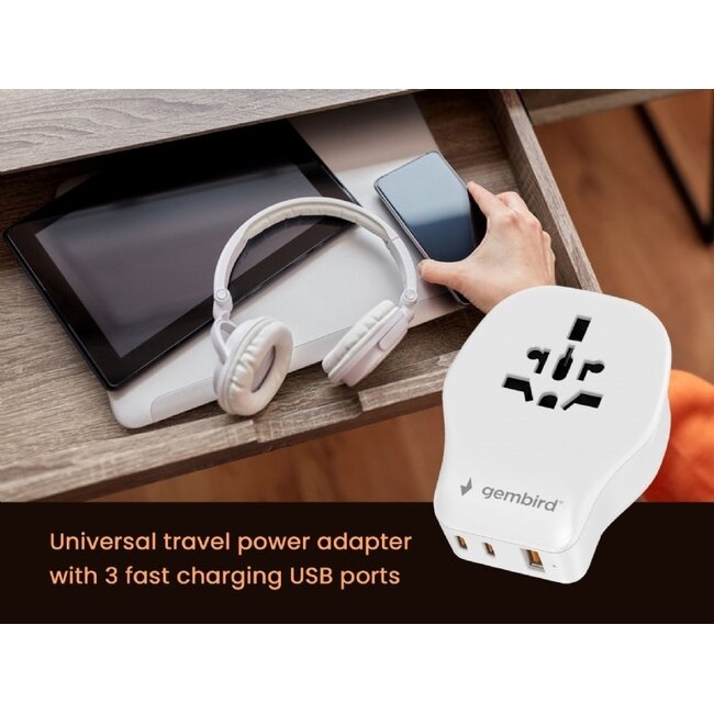 Gembird reisadapter set met USB lader | 2x USB-C PD + 1x USB-A QC | GaN | 20W