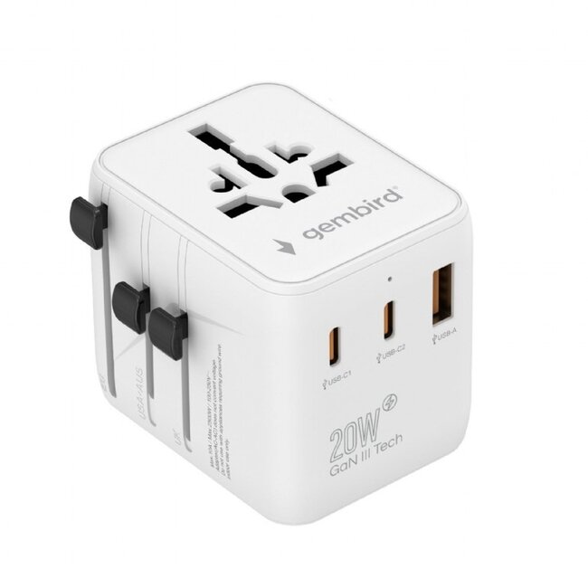Gembird reisadapter met USB lader | 2x USB-C PD + 1x USB-A QC | GaN | 20W