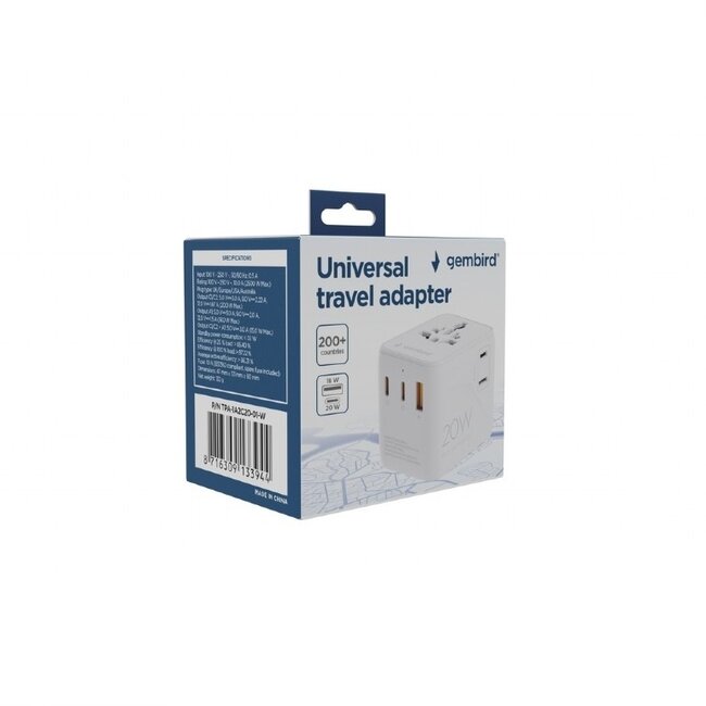 Gembird reisadapter met USB lader | 2x USB-C PD + 1x USB-A QC | GaN | 20W