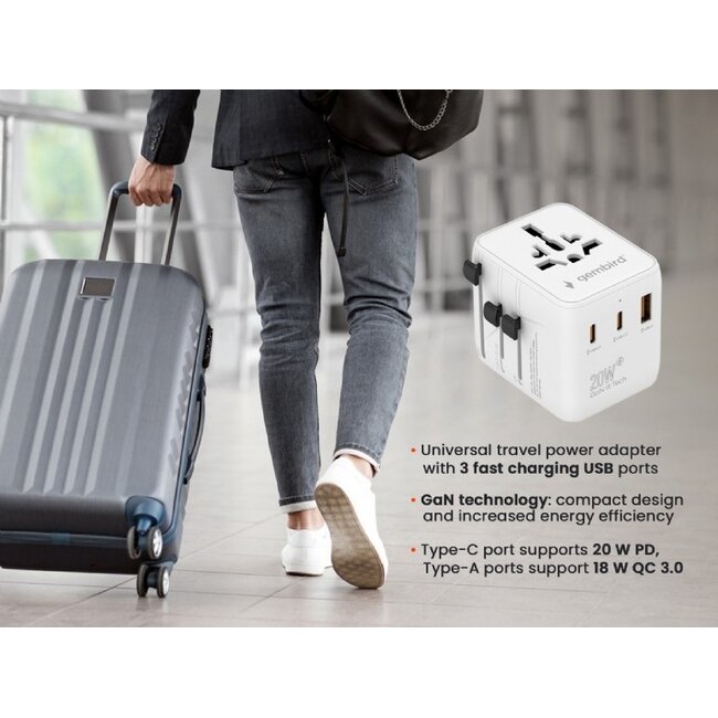Gembird reisadapter met USB lader | 2x USB-C PD + 1x USB-A QC | GaN | 20W