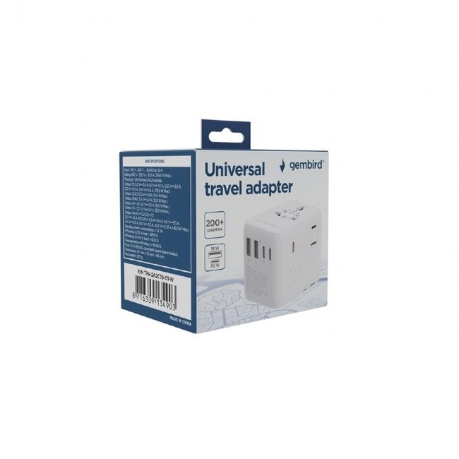 Gembird reisadapter met USB lader | 3x USB-C PD + 2x USB-A QC | GaN | 70W