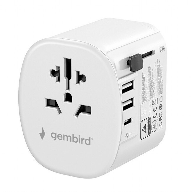 Gembird reisadapter met USB lader | 1x USB-C + 2x USB-A | 15,5W
