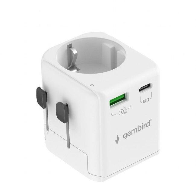 Gembird reisadapter met USB lader | USB-C PD + USB-A QC | GaN | 20W