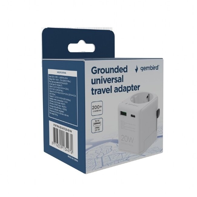 Gembird reisadapter met USB lader | USB-C PD + USB-A QC | GaN | 20W