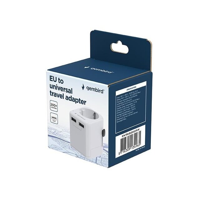 Gembird reisadapter met USB lader | 2x USB-A | 12W