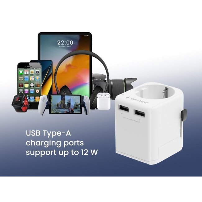 Gembird reisadapter met USB lader | 2x USB-A | 12W