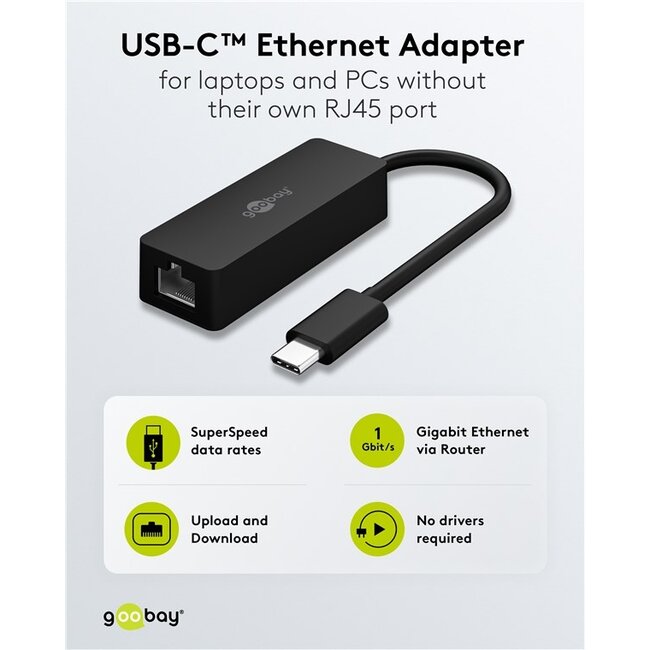 Goobay USB-C naar RJ45 LAN adapter | USB3.0 | CAT6 | zwart | 0,10 meter
