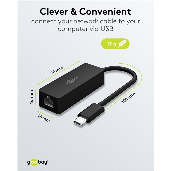 Goobay USB-C naar RJ45 LAN adapter | USB3.0 | CAT6 | zwart | 0,10 meter