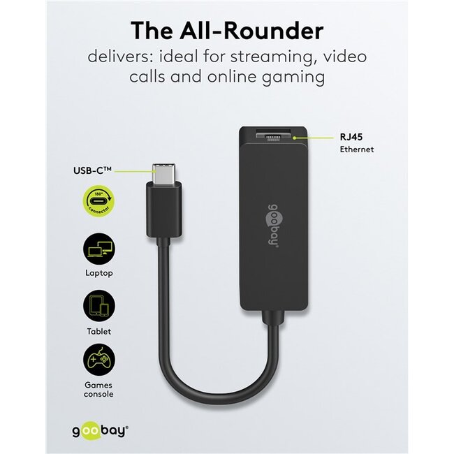 Goobay USB-C naar RJ45 LAN adapter | USB3.0 | CAT6 | zwart | 0,10 meter