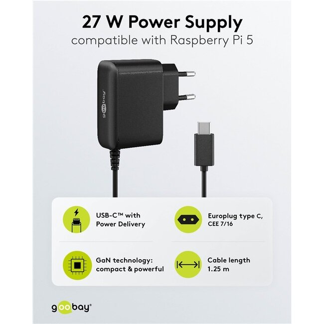 Goobay USB-C PD lader met vaste kabel | GaN | 27W | zwart | 1,25 meter