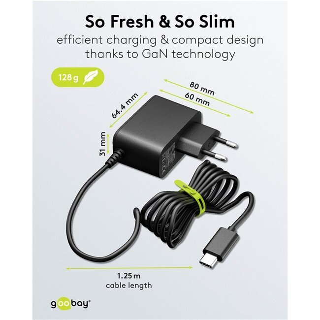 Goobay USB-C PD lader met vaste kabel | GaN | 27W | zwart | 1,25 meter