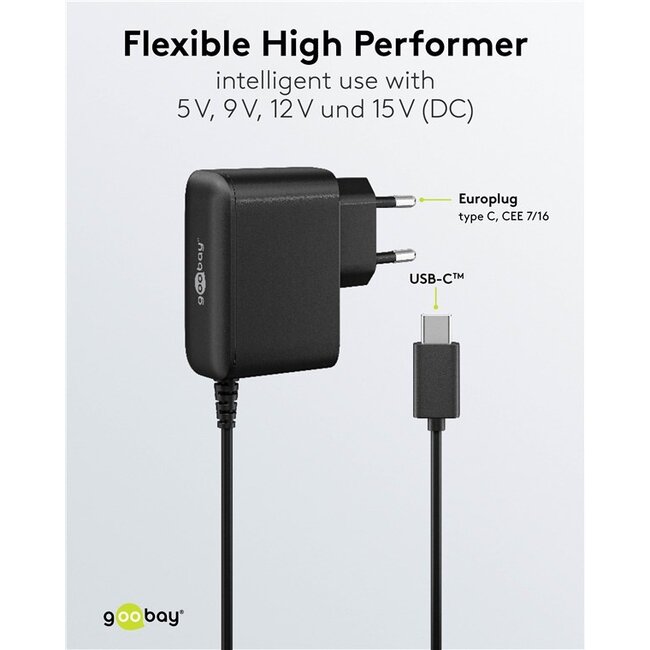 Goobay USB-C PD lader met vaste kabel | GaN | 27W | zwart | 1,25 meter