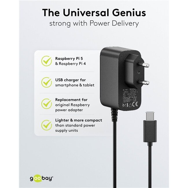 Goobay USB-C PD lader met vaste kabel | GaN | 27W | zwart | 1,25 meter