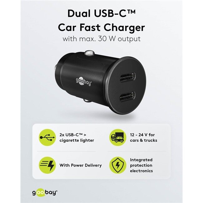 Goobay USB autolader | 2x USB-C PD | 30W | zwart