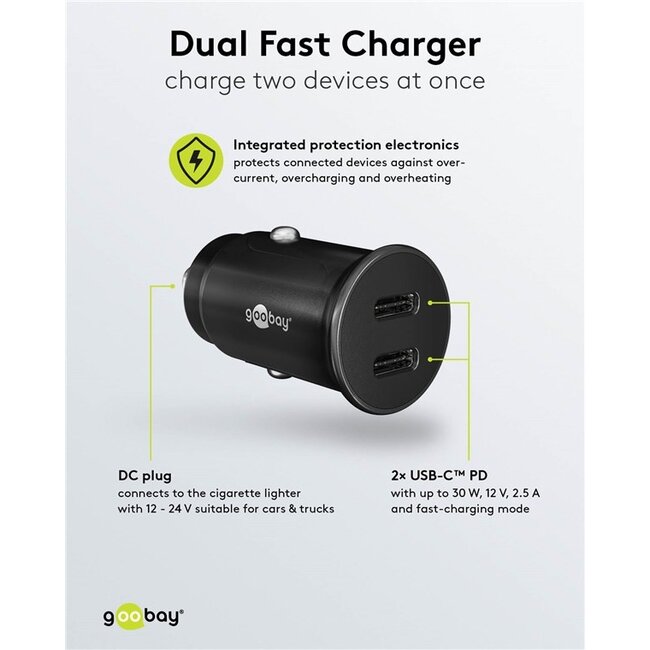 Goobay USB autolader | 2x USB-C PD | 30W | zwart