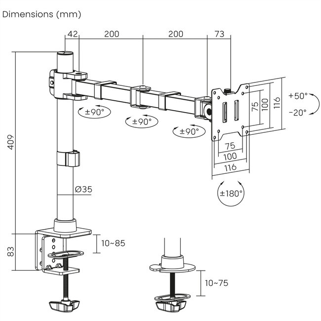 VALUE LCD-arm voor zware belasting, draagstang, 4 scharnieren, tafelmontage, tot 20 kg