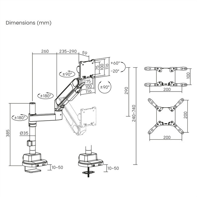 ROLINE LCD-arm voor zware belasting, draagstang, 4 scharnieren, tafelmontage, tot 22/27 kg, zwart