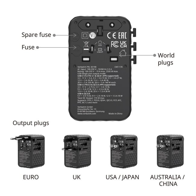Verbatim CNT-170 universele reisadapter | 1x USB-A + 3x USB-C | GaN | 170W