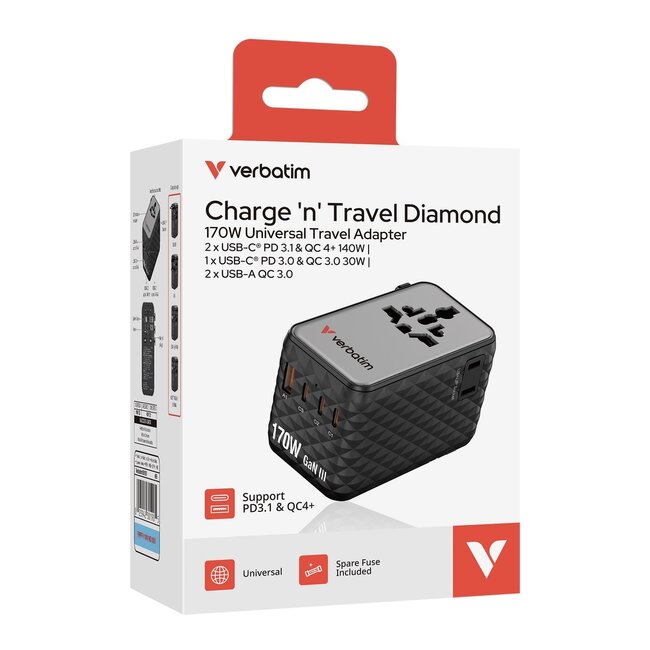 Verbatim CNT-170 universele reisadapter | 1x USB-A + 3x USB-C | GaN | 170W