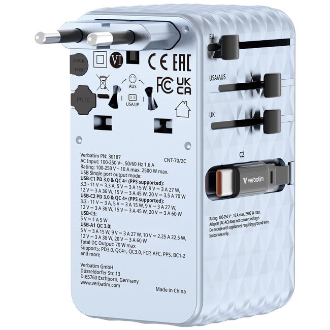 Verbatim CNT-70/2C universele reisadapter | 1x USB-A + 3x USB-C | GaN | 70W | blauw