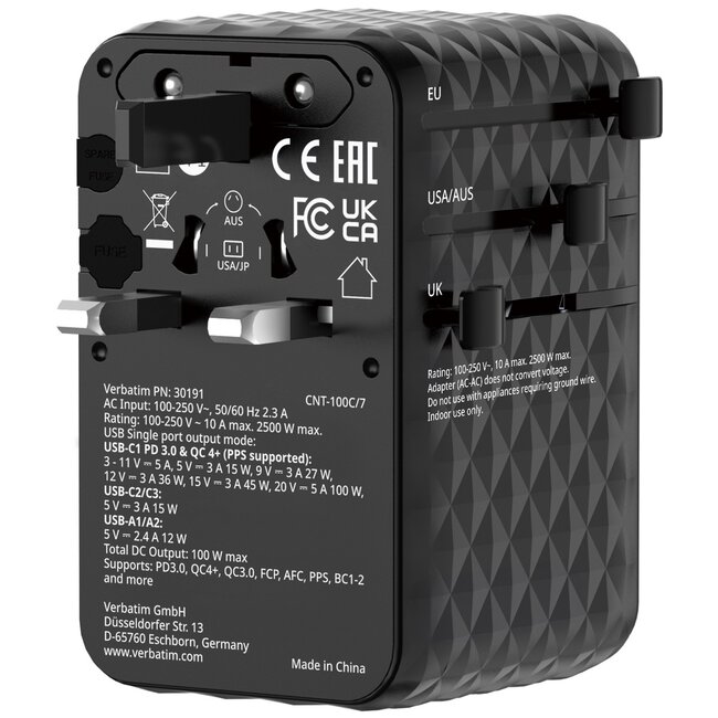 Verbatim CNT-100C/7 universele reisadapter | 2x USB-A + 3x USB-C | GaN | 100W | zwart