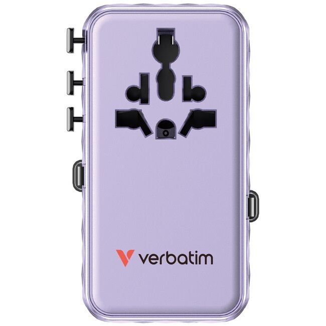 Verbatim CNT-70/2C universele reisadapter | 1x USB-A + 3x USB-C | GaN | 70W | paars