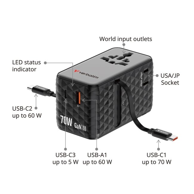 Verbatim CNT-70/2C universele reisadapter | 1x USB-A + 3x USB-C | GaN | 70W | paars