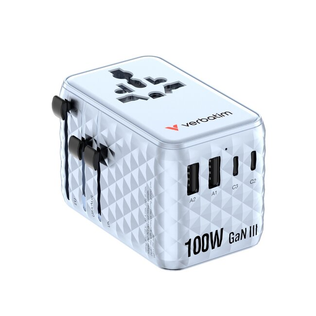 Verbatim CNT-100C/7 universele reisadapter | 2x USB-A + 3x USB-C | GaN | 100W | blauw