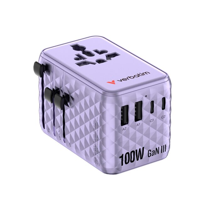Verbatim CNT-100C/7 universele reisadapter | 2x USB-A + 3x USB-C | GaN | 100W | paars