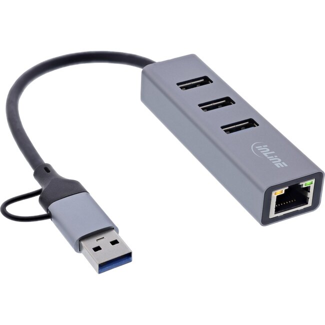 InLine USB-A/USB-C naar RJ45 + 3x USB-A adapter | USB3.0 | CAT6 | aluminium | 0,15 meter