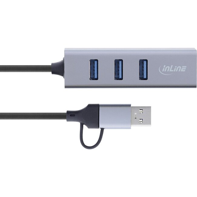 InLine USB-A/USB-C naar RJ45 + 3x USB-A adapter | USB3.0 | CAT6 | aluminium | 0,15 meter