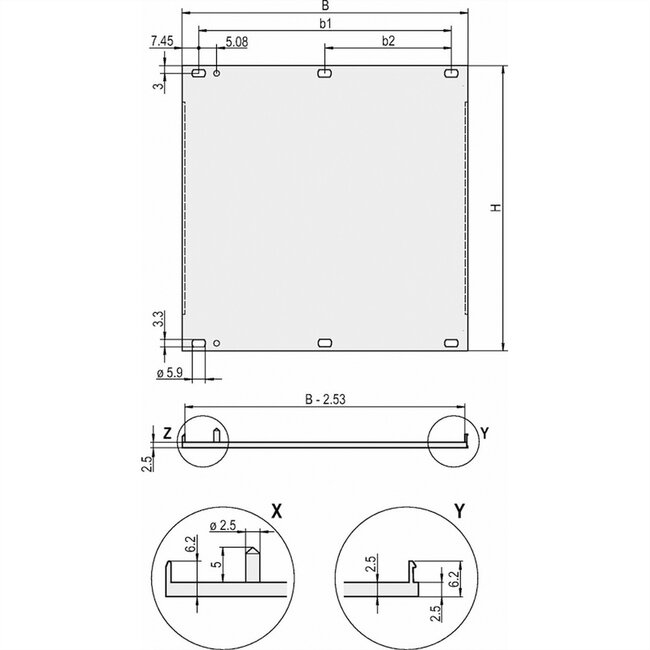 SCHROFF Frontpaneel, U-profiel, Refrofit afscherming, 3 HE, 42 HE, 2,5 mm, Al, voorzijde geanodiseerd, achterzijde geleidend