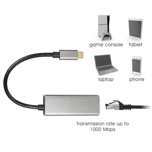 USB-C naar RJ45 LAN adapter | USB3.0 | CAT6 | aluminium | 0,15 meter