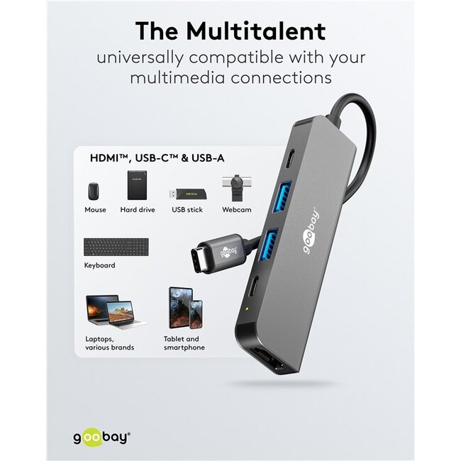 Goobay USB hub (USB-C) | 2x USB-A + 2x USB-C (1x PD 100W) | USB2.0/3.0 | aluminium | 0,10 meter