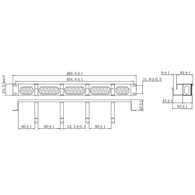 19 inch verzonken doorvoerpaneel met borstel en 4 ogen (G-type) | 1U | zwart