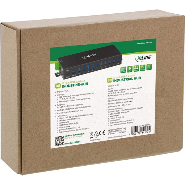InLine industriële USB hub | 10x USB-A | USB3.0 5 Gbps | 60W voeding