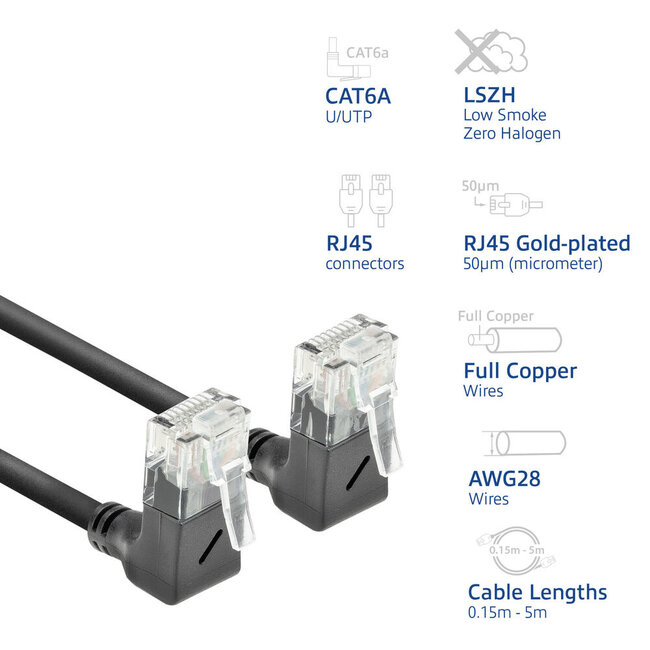UTP CAT6a slimline netwerkkabel | haaks (boven) / haaks (boven) | LSZH | zwart | 0,25 meter