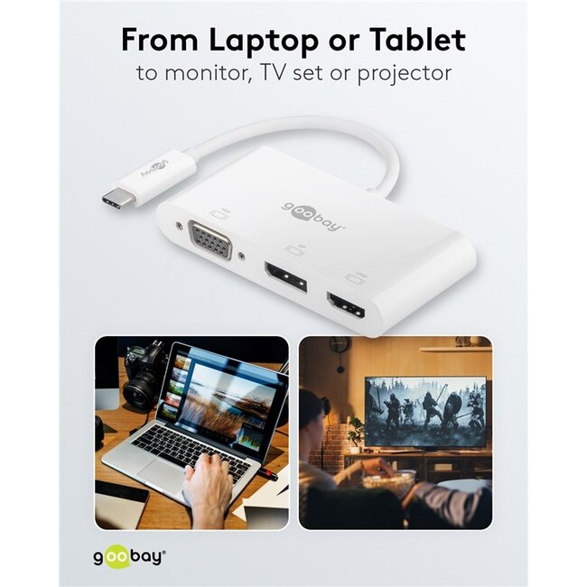Goobay USB-C - DisplayPort 4K 60Hz, HDMI 4K 30Hz en VGA 1080p adapter | wit | 0,15 meter
