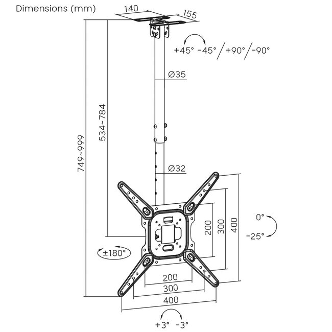My Wall TV-plafondbeugel | tot 55 inch | full motion