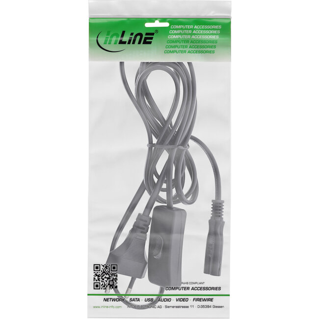 InLine® Euro-voedingskabel met schakelaar, CEE7/16 naar IEC-C7, zwart, 2m